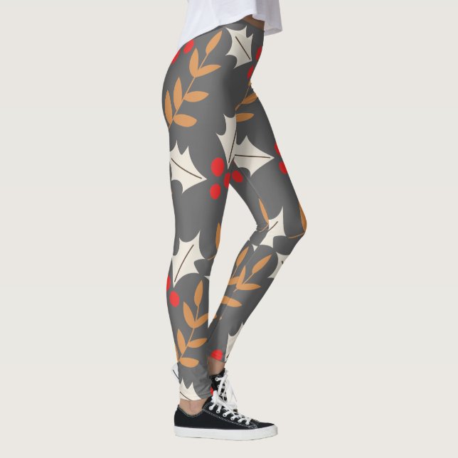Colourful Modern Christmas Grey Holly Mistletoe Leggings (Right)