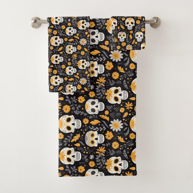 Colourful Modern Cute Sugar Skull Gothic Halloween Bath Towel Set (Insitu)