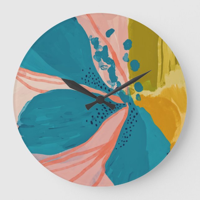 Colourful Modern Floral Abstract Art Pink Blue Large Clock (Front)