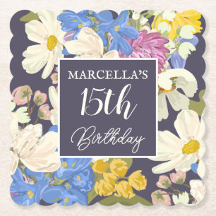 Colourful Modern Floral Blooms 15th Birthday Party Paper Coaster
