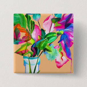 Colourful modern floral flowers watercolor 15 cm square badge