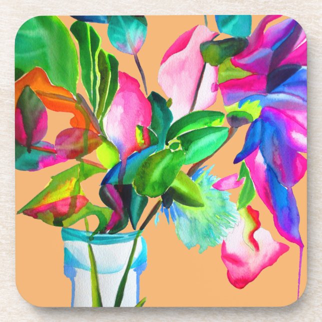 Colourful modern floral flowers watercolor coaster (Front)