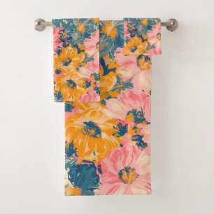 Colourful Modern Flowers Floral Pattern Bath Towel Set