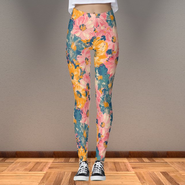 Colourful Modern Flowers Floral Pattern Leggings (Creator Uploaded)