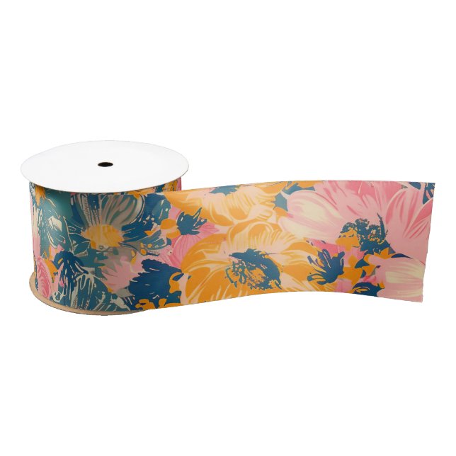 Colourful Modern Flowers Floral Pattern Satin Ribbon (Spool)