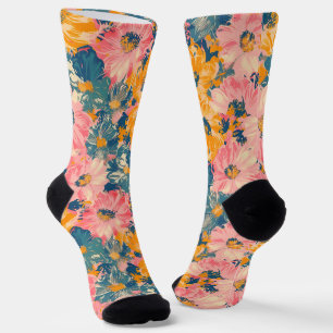 Colourful Modern Flowers Floral Pattern Socks