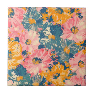 Colourful Modern Flowers Floral Pattern Tile