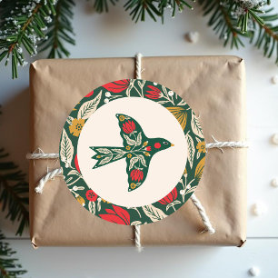 Colourful Modern Folk Floral Bird Christmas Holida Classic Round Sticker