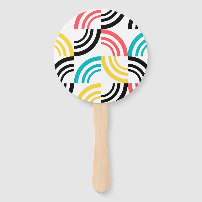 Colourful, modern, fun, cheerful geometric graphic hand fan (Front)