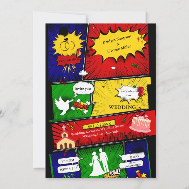 colourful modern fun retro comic wedding story (Front)