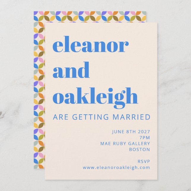 Colourful Modern Geometric Blue Typography Wedding Invitation (Front/Back)