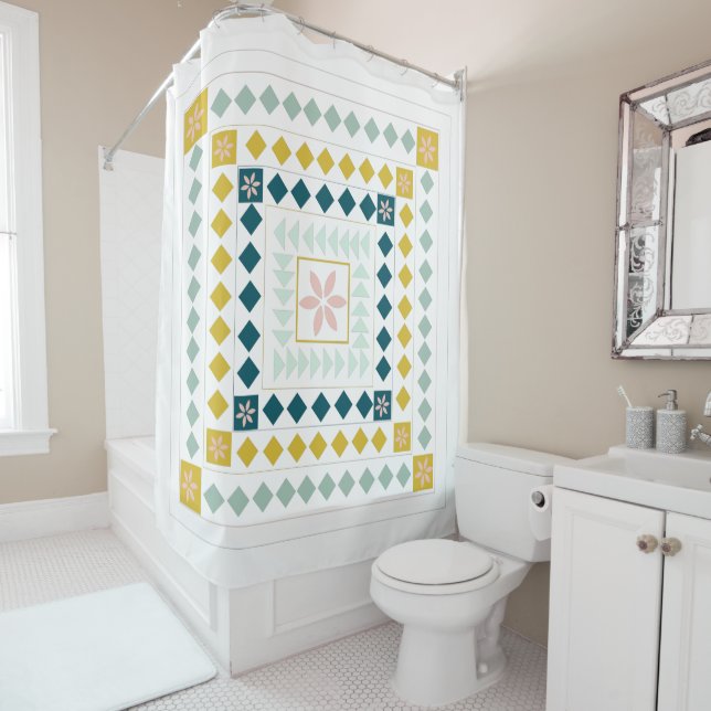 Colourful Modern Geometric Medallion Art Design Shower Curtain (In Situ)
