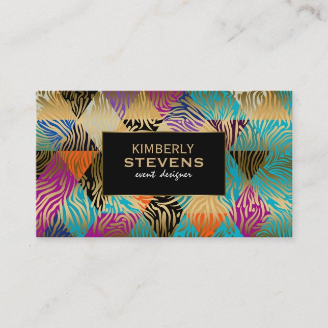 Colourful Modern Geometric Pattern Gold Zebra Prin Business Card (Front)