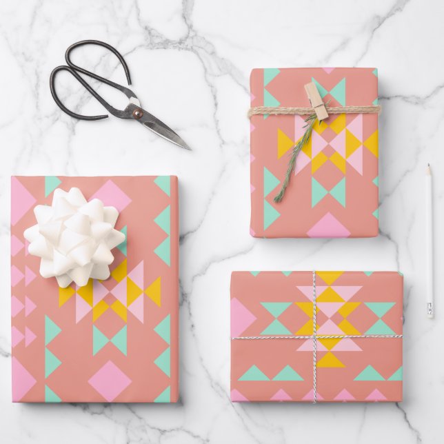 Colourful Modern Geometric Triangles Aztec Pattern Wrapping Paper Sheet (Front)