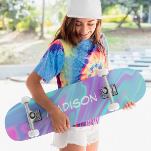 Colourful Modern Girly Blue Pink Liquid Marble Skateboard