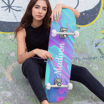 Colourful Modern Girly Blue Pink Liquid Marble Skateboard<br><div class="desc">This modern design features a colourful liquid marble pattern in pink,  purple and blue with your personalised name. Personalise by editing the text in the text box provided. #skate #skater #skateboards #skaterlife #cool #tropicool #sports #outdoor #fun</div>
