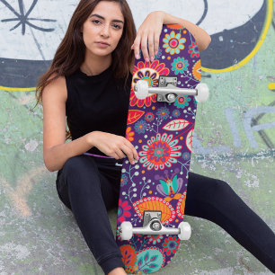 Colourful Modern Girly Floral Pattern Skateboard