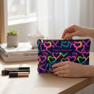 Colourful Modern Girly Neon Love Heart Personalise Accessory Pouch