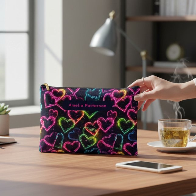 Colourful Modern Girly Neon Love Heart Personalise Accessory Pouch (Creator Uploaded)
