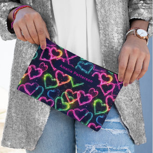 Colourful Modern Girly Neon Love Heart Personalise Accessory Pouch