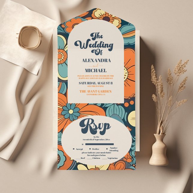 Colourful Modern Groovy Retro 70s Floral Wedding All In One Invitation (Creator Uploaded)