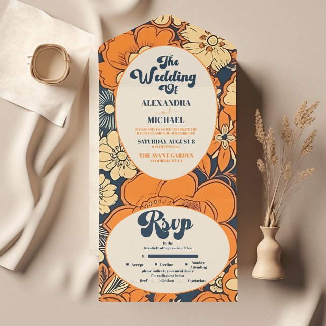 Colourful Modern Groovy Retro 70s Floral Wedding All In One Invitation (Creator Uploaded)