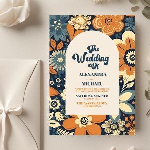 Colourful Modern Groovy Retro 70s Floral Wedding Invitation