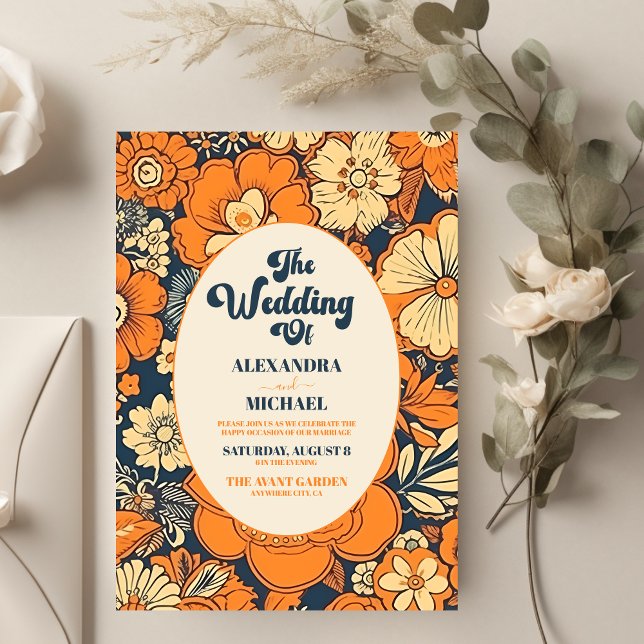 Colourful Modern Groovy Retro 70s Floral Wedding Invitation (Creator Uploaded)