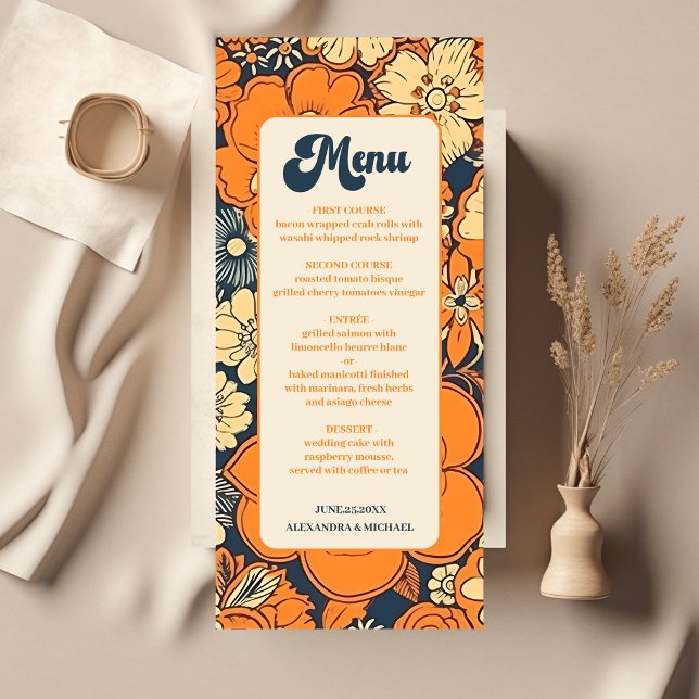 Colourful Modern Groovy Retro 70s Floral Wedding Menu (Creator Uploaded)