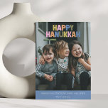 Colourful Modern Hanukkah Greeting 2 Photo Holiday Card<br><div class="desc">Celebrate the season with this cheerful modern Hanukkah card design in a playful rainbow of pastel colours overlaying your family photo. “Happy Hanukkah” is boldly featured in chunky multicolored letters,  paired with a sweet message of love,  lights,  and latkes below. A fun,  stylish way to share Hanukkah joy.</div>