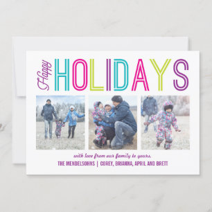 Colourful Modern Happy Holidays 3 Photo Holiday Card