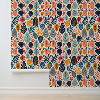 Colourful Modern Leaf and Floral Pattern Wallpaper