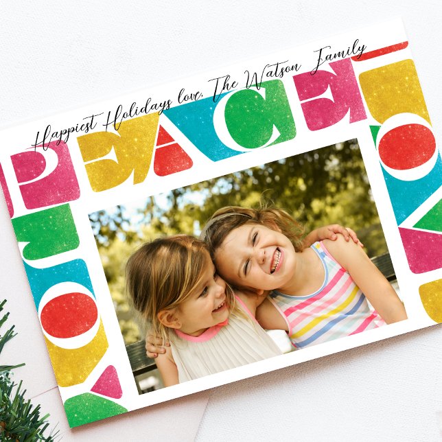 colourful modern LOVE PEACE JOY one photo frame Holiday Card (Creator Uploaded)