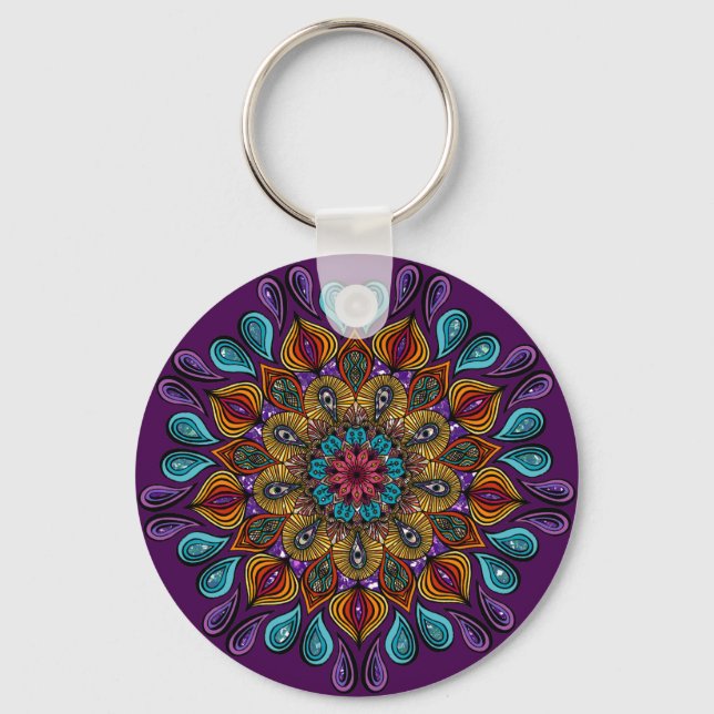  Colourful Modern Mandala Trippy Psychedelic Hippi Key Ring (Front)