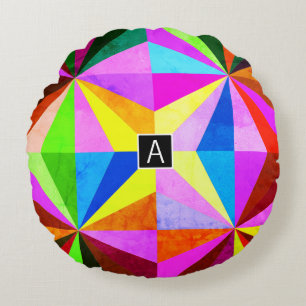 Colourful Modern Multi-Coloured Geometric Monogr Round Cushion