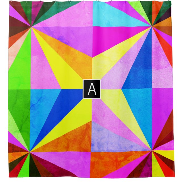 Colourful Modern Multi-Coloured Geometric | Monogr Shower Curtain (Front)