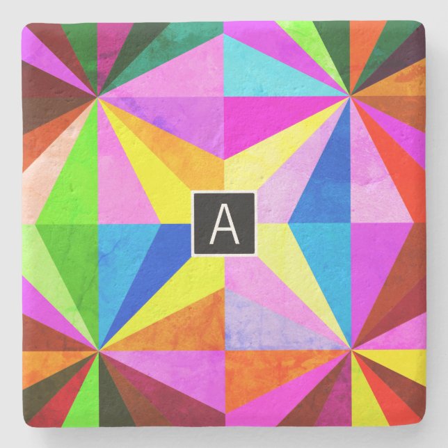 Colourful Modern Multi-Coloured Geometric | Monogr Stone Coaster (Front)