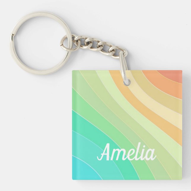 Colourful Modern Pastel Waves Pattern Personalised Key Ring (Front)