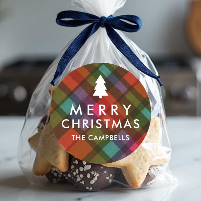 Colourful Modern Plaid Christmas Tree Name Classic Round Sticker (Creator Uploaded)