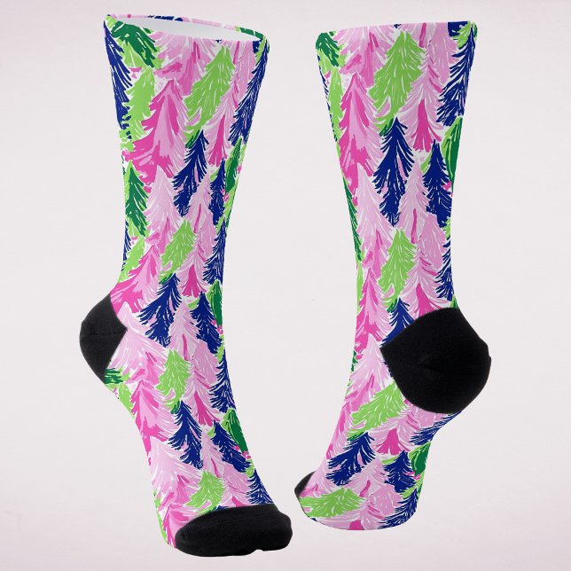 Colourful Modern Preppy Christmas Trees Holiday Socks (Creator Uploaded)