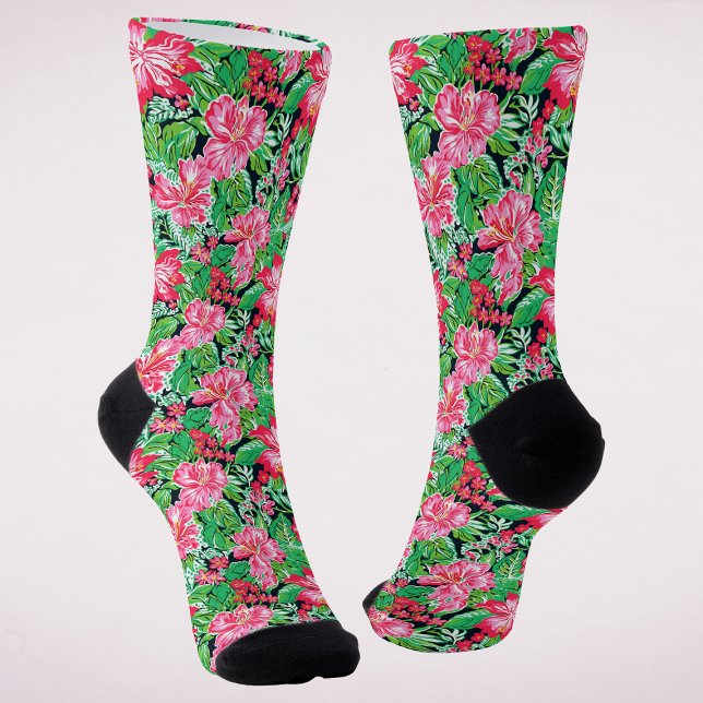 Colourful Modern Preppy Tropical Floral Christmas Socks (Creator Uploaded)