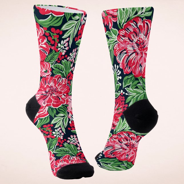 Colourful Modern Preppy Winter Flowers Christmas Socks (Creator Uploaded)