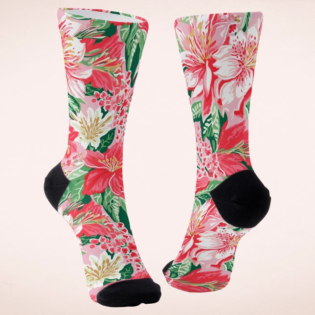 Colourful Modern Preppy Winter Flowers Christmas Socks (Creator Uploaded)
