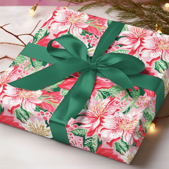 Colourful Modern Preppy Winter Flowers Christmas Wrapping Paper (Creator Uploaded)