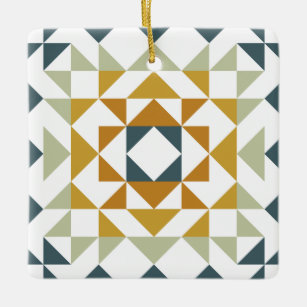 Colourful Modern Quilt Block Geometric Earthy Teal Ceramic Ornament