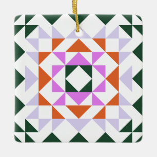 Colourful Modern Quilt Block Geometric Green Purpl Ceramic Ornament