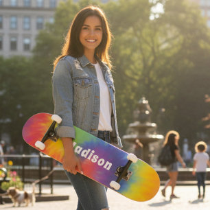 Colourful Modern Rainbow Tie Dye Swirl Custom Name Skateboard