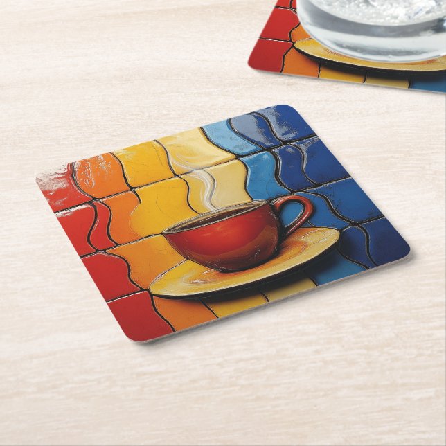 Colourful Modern Red Coffee Cup  Square Paper Coaster (Angled)