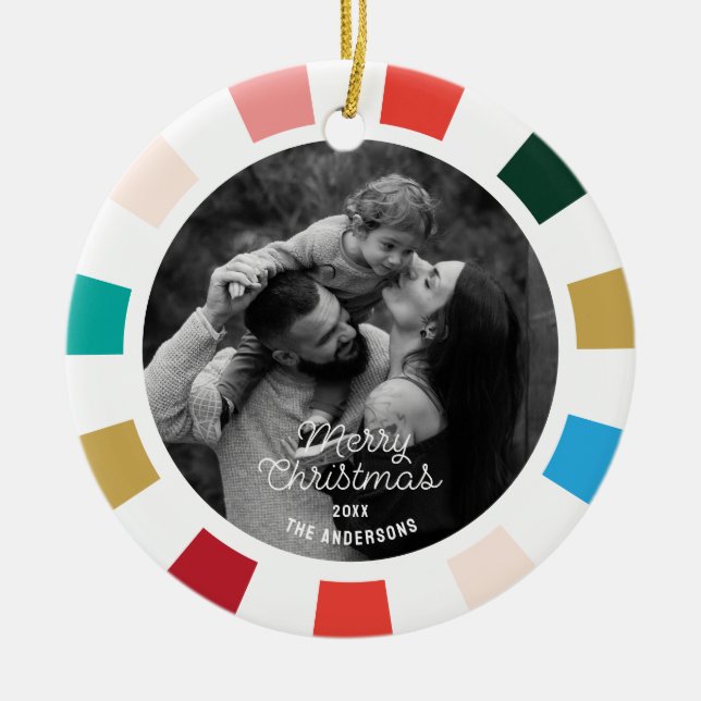 Colourful Modern Script One Photo Holiday  Ceramic Tree Decoration (Front)