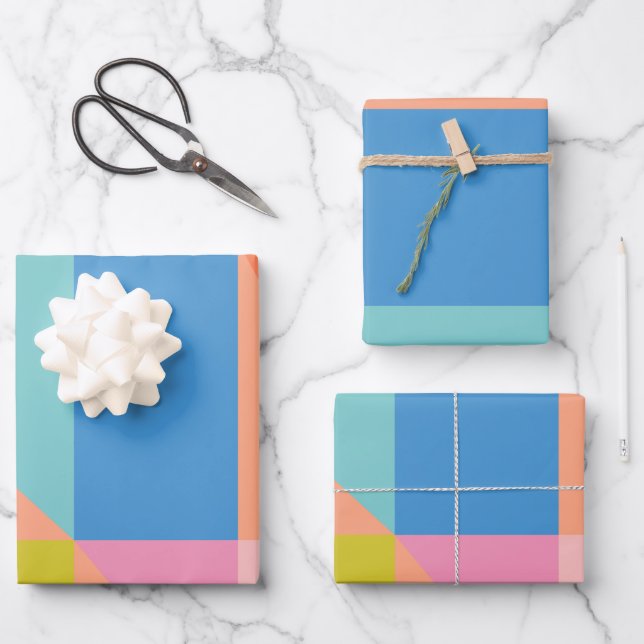 Colourful Modern Shapes in Bright Blue and Orange Wrapping Paper Sheet (Front)